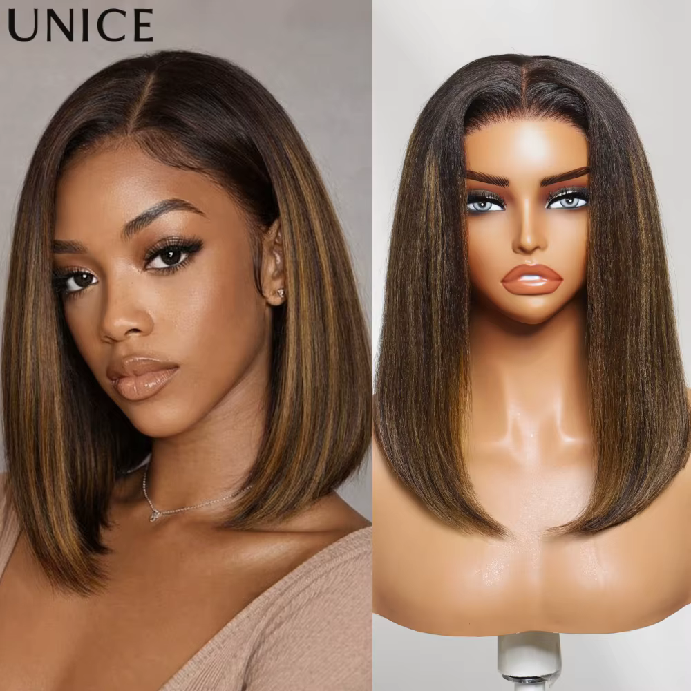 Perruque courte bob UNice Balayage Highlight Yaki Straight, en cheveux humains, avec dentelle 7x5, s