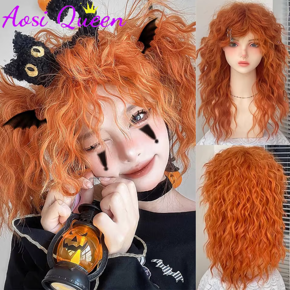 AosiQueen – perruques synthétiques bouclées Orange avec frange pour femmes, cheveux longs naturels, 