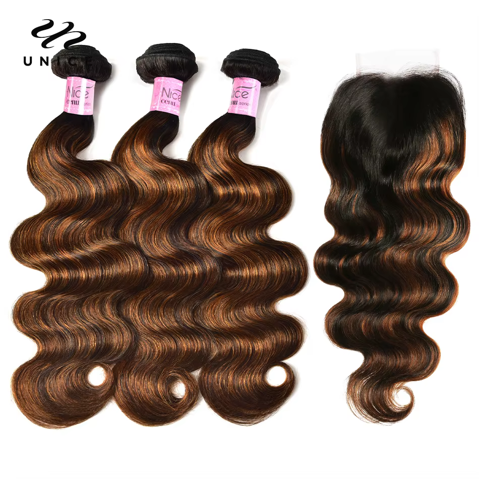 UNICE-Bundles de cheveux humains Body Wave, Balayage, Fermeture à lacet 4x4, Highlight, Faites une p