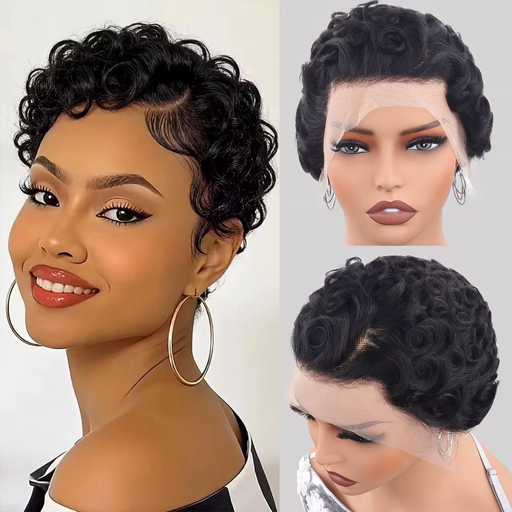 Perruque Courte Bouclée Chic et Élégante en Cheveux Humains 100% Naturels, Coupe Pixie, avec Dentell