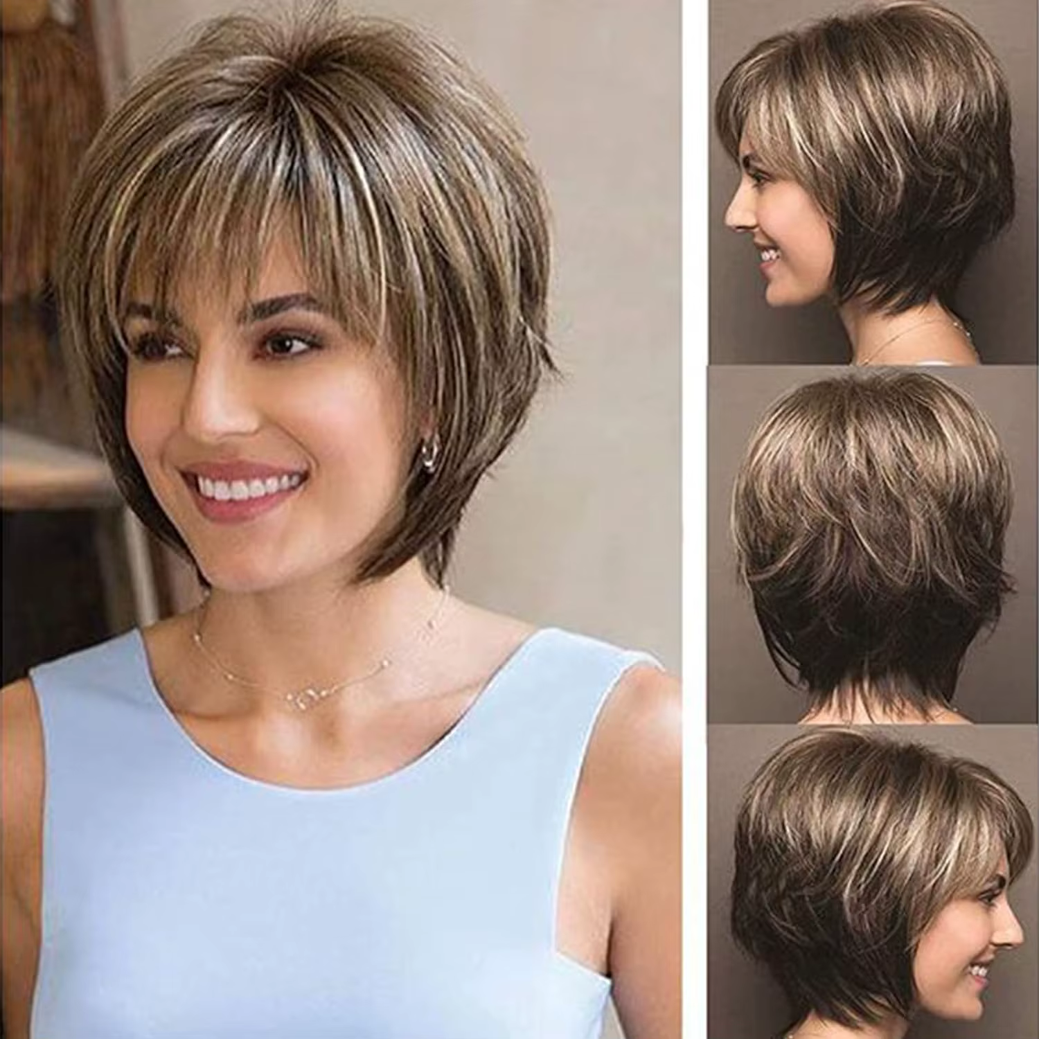 Perruque Coupe Pixie Courte avec Frange pour Femme, Cheveux Raides, Brun Foncé, Blond Mixte, Fibre S