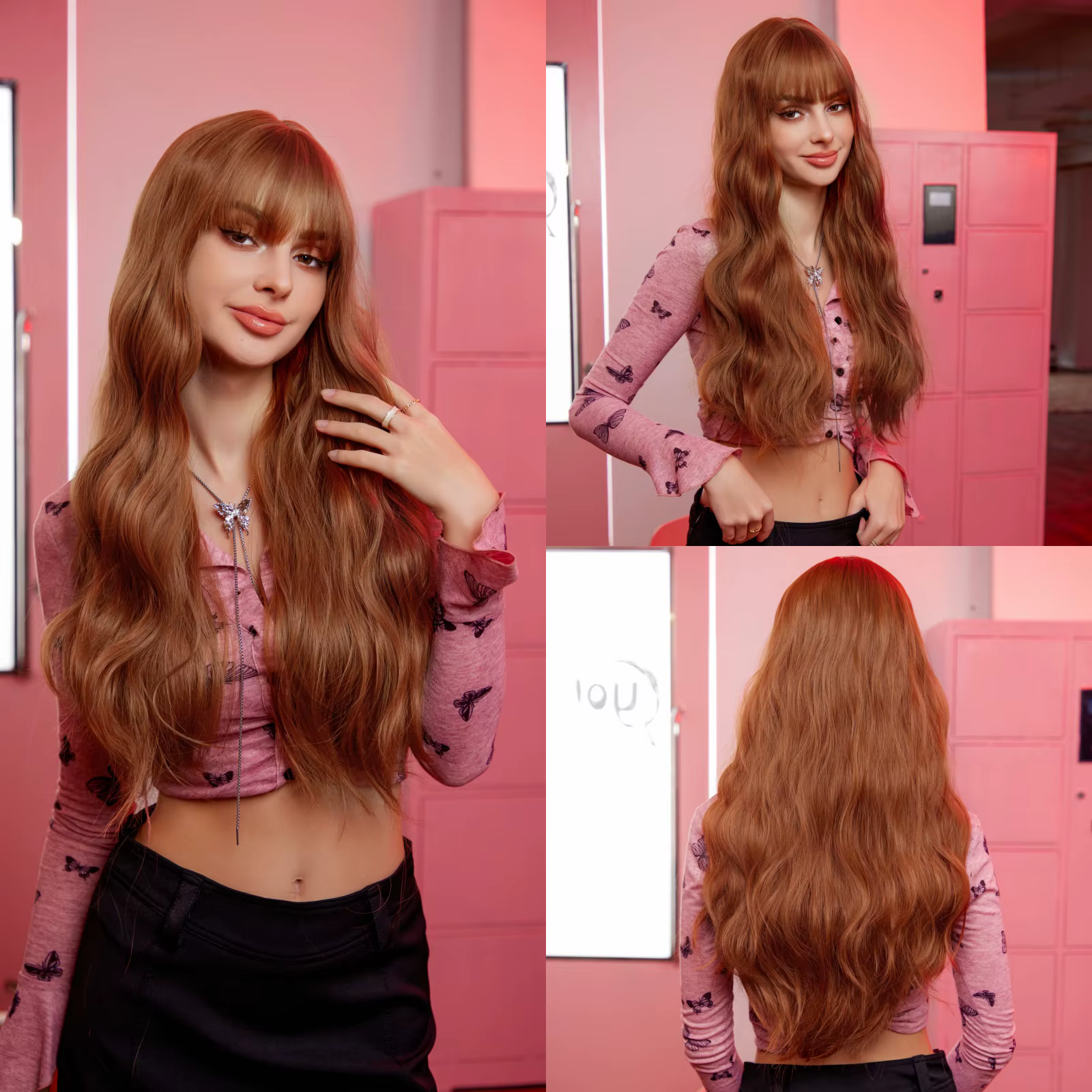 Perruque longue ondulée auburn clair avec frange pour femme, cheveux synthétiques roux clair, fibre
