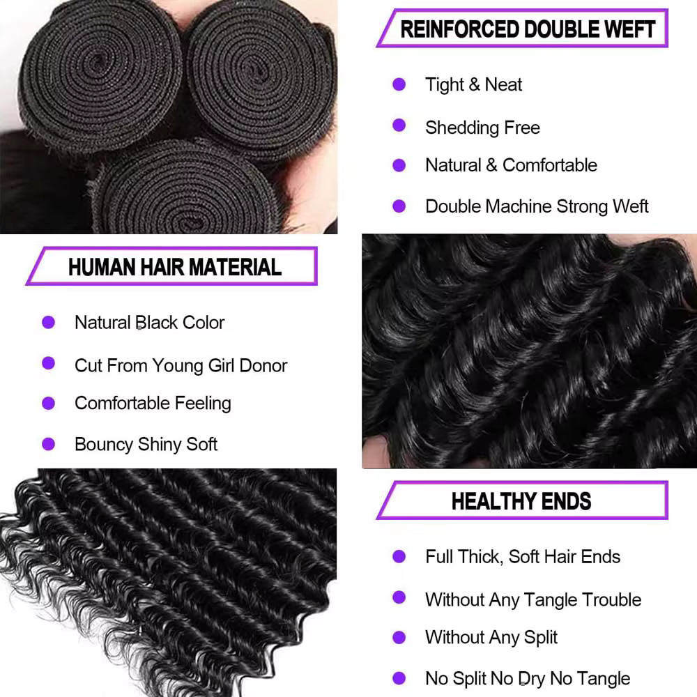 Lots de Cheveux Humains Brésiliens Vierge Ondulés Profonds Non Traités, Grade 1, 3 ou 4 Bundles, Cou