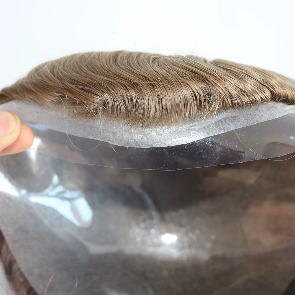 Délié naturel 0.02mm Base de peau Super mince toupet pour hommes 80 ~ 90% densité gris mâle système 