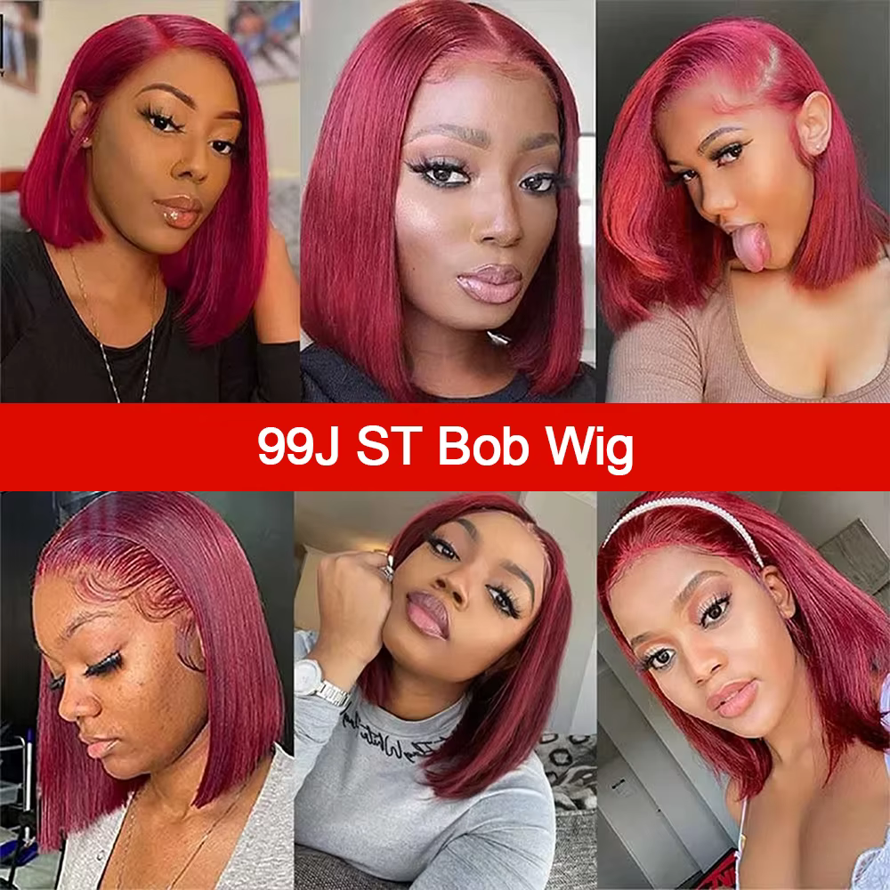 Perruque Bob Droite Cheveux Humains Perruque frontale en dentelle 13x4 HD 99J Perruque de cheveux hu
