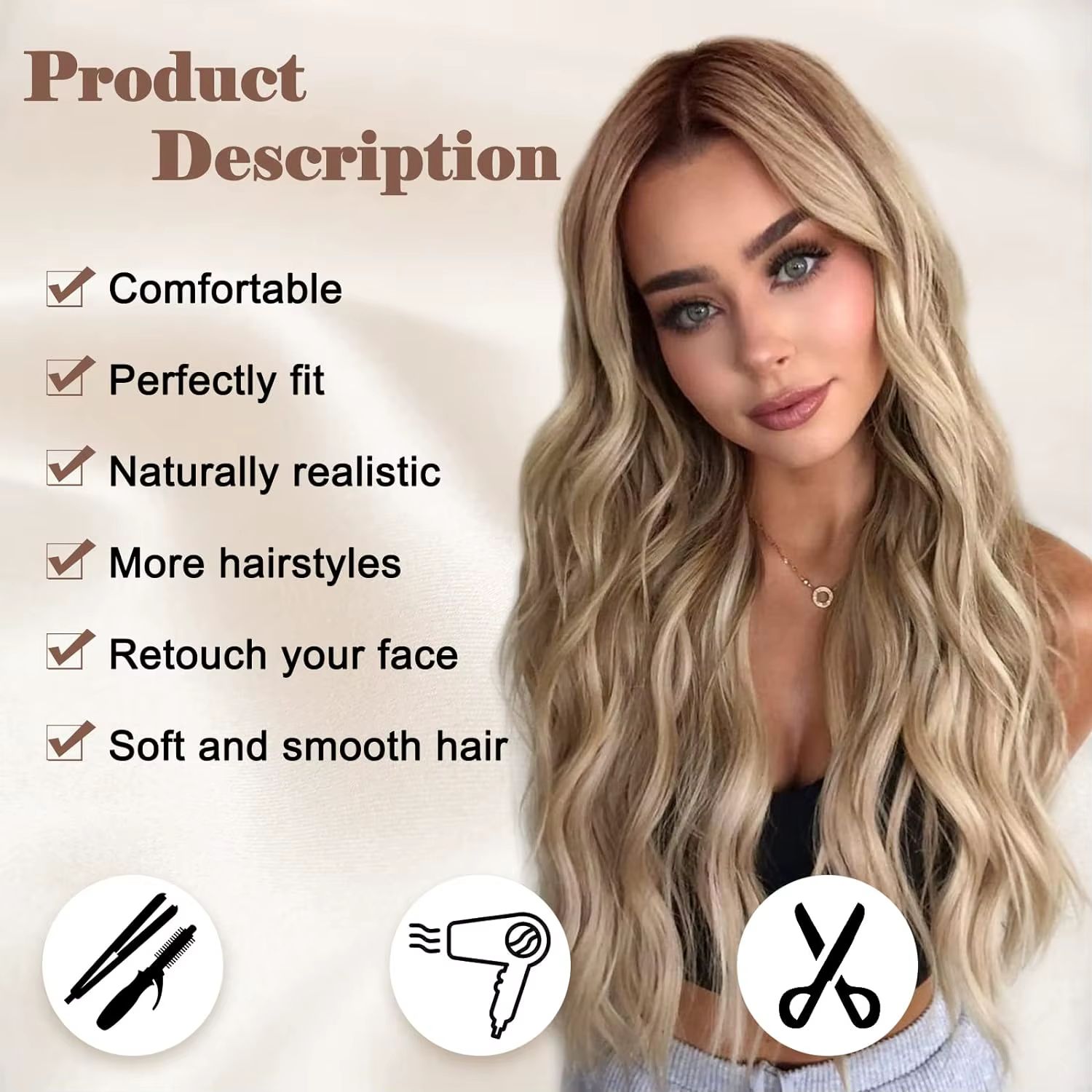 Perruque synthétique longue ondulée en dentelle pour femmes, 26 pouces, partie centrale bouclée, asp