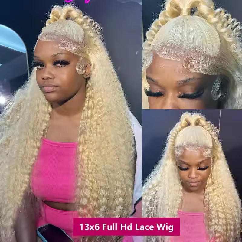 Perruques de 38 pouces en cheveux humains blonds, Lace Front Deep Wave 613 Blonde, dentelle HD 13x6,