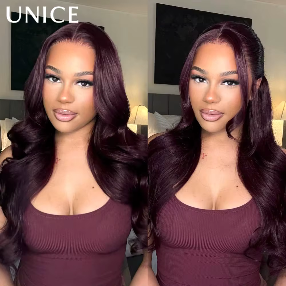 UNICE cheveux noir cerise couches coupe vague lâche perruque 7x5 13x4 pré coupé pré blanchi sans col