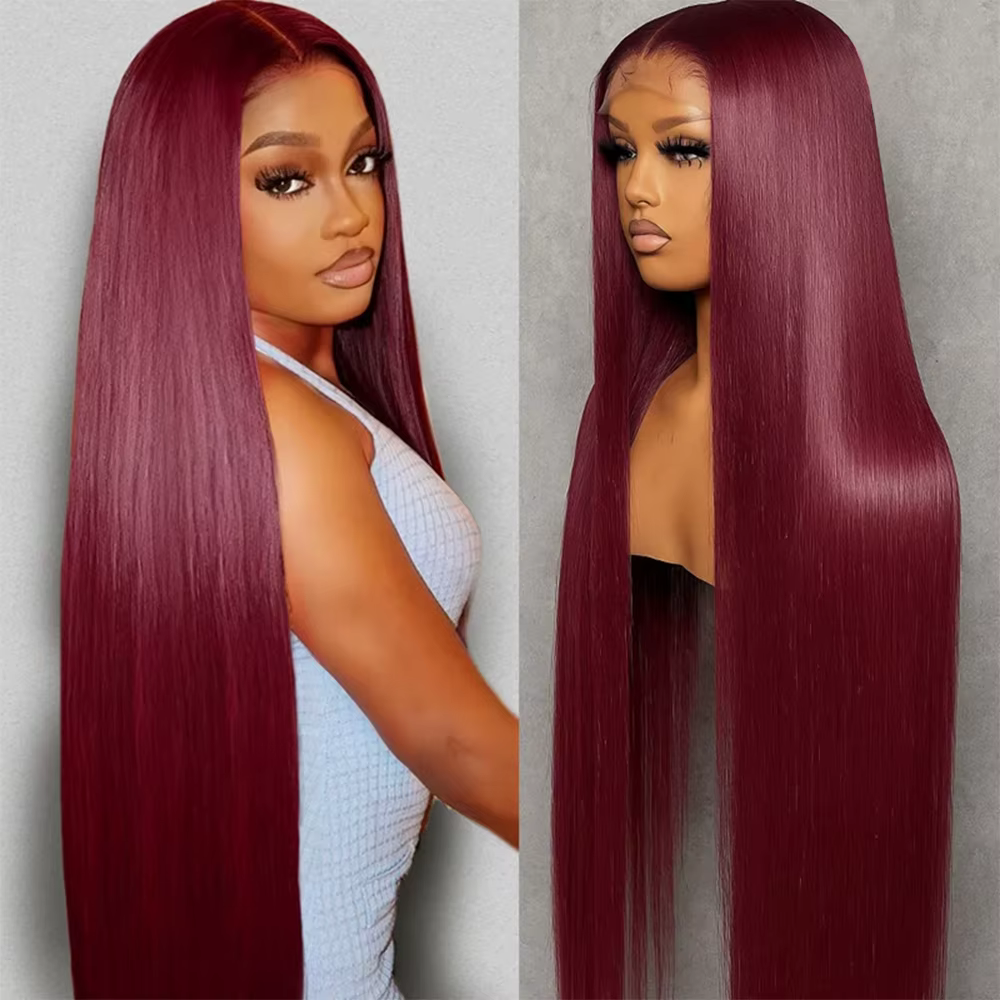 Perruque en cheveux humains bordeaux 99J, 13x4 13x6, lisse, avec dentelle frontale, pré-épilée pour 