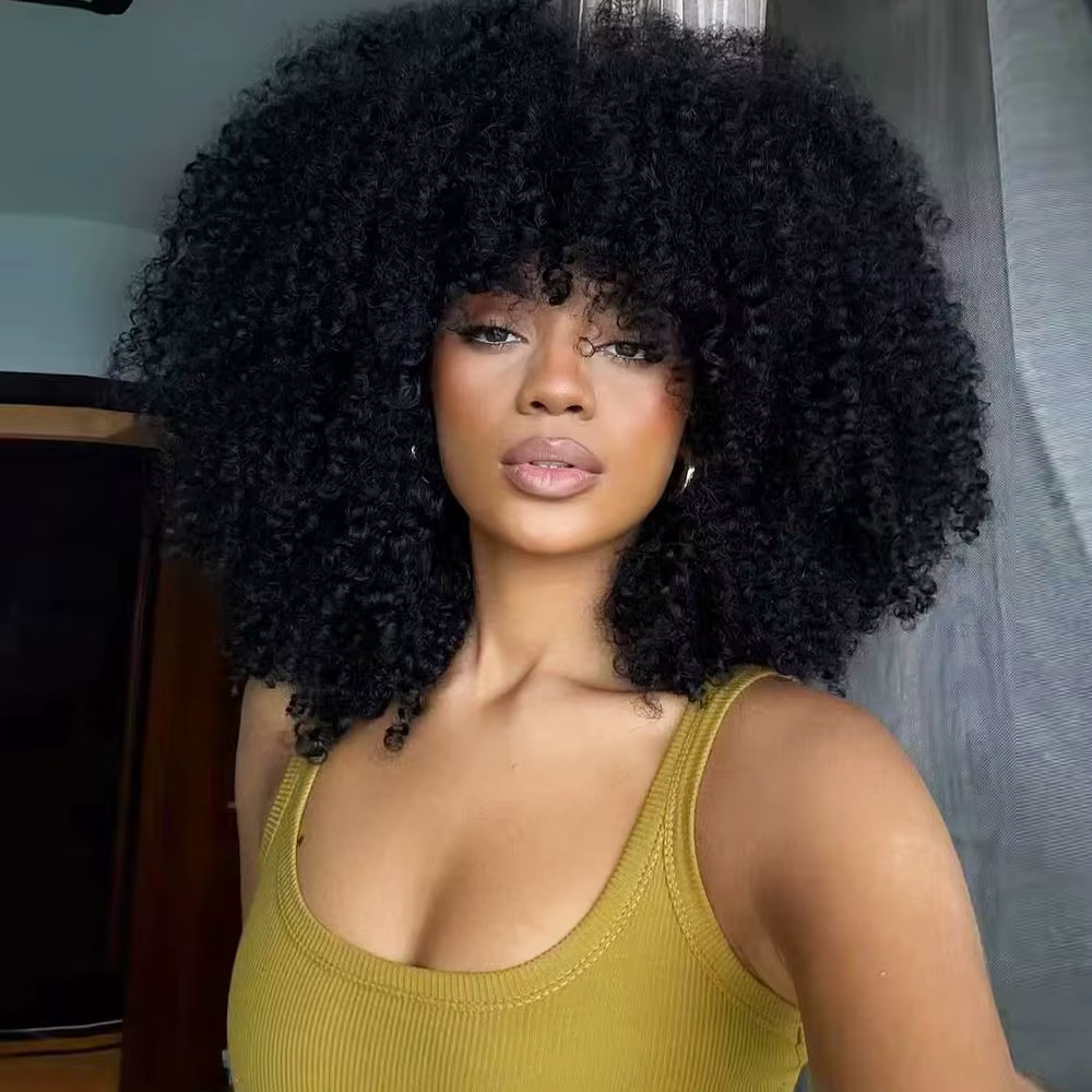 Perruque Afro Bouclée Synthétique avec Frange, 18 Pouces, pour Femmes Noires, Perruque Sans Colle en