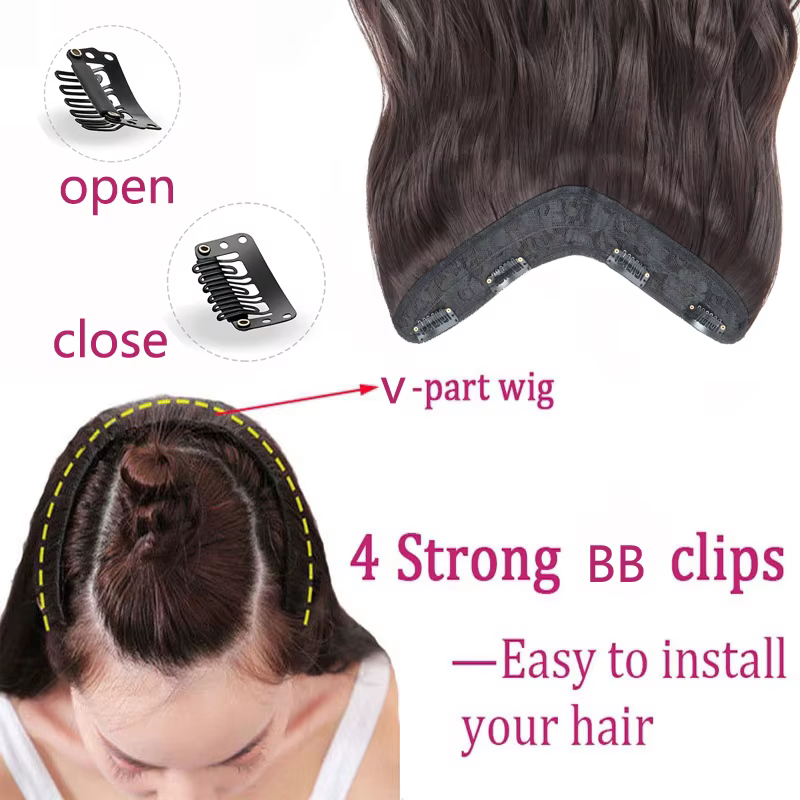 Extension Capillaire Synthétique Longue Ondulée Bouclée en Forme de V, Postiche Blonde Noire, 4 Clip