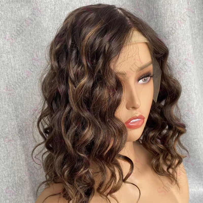 Perruques Courtes Bob Ondulées Profondes pour Femmes, Cheveux Humains, Brun Miel avec Mèches Blondes