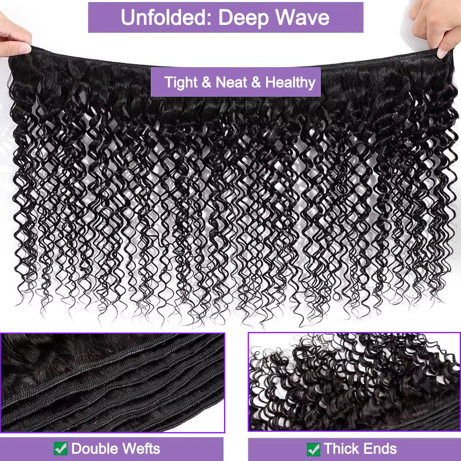Extensions de cheveux humains vierges non traités, ondulés, double trame, 34-36 pouces, pour tissage