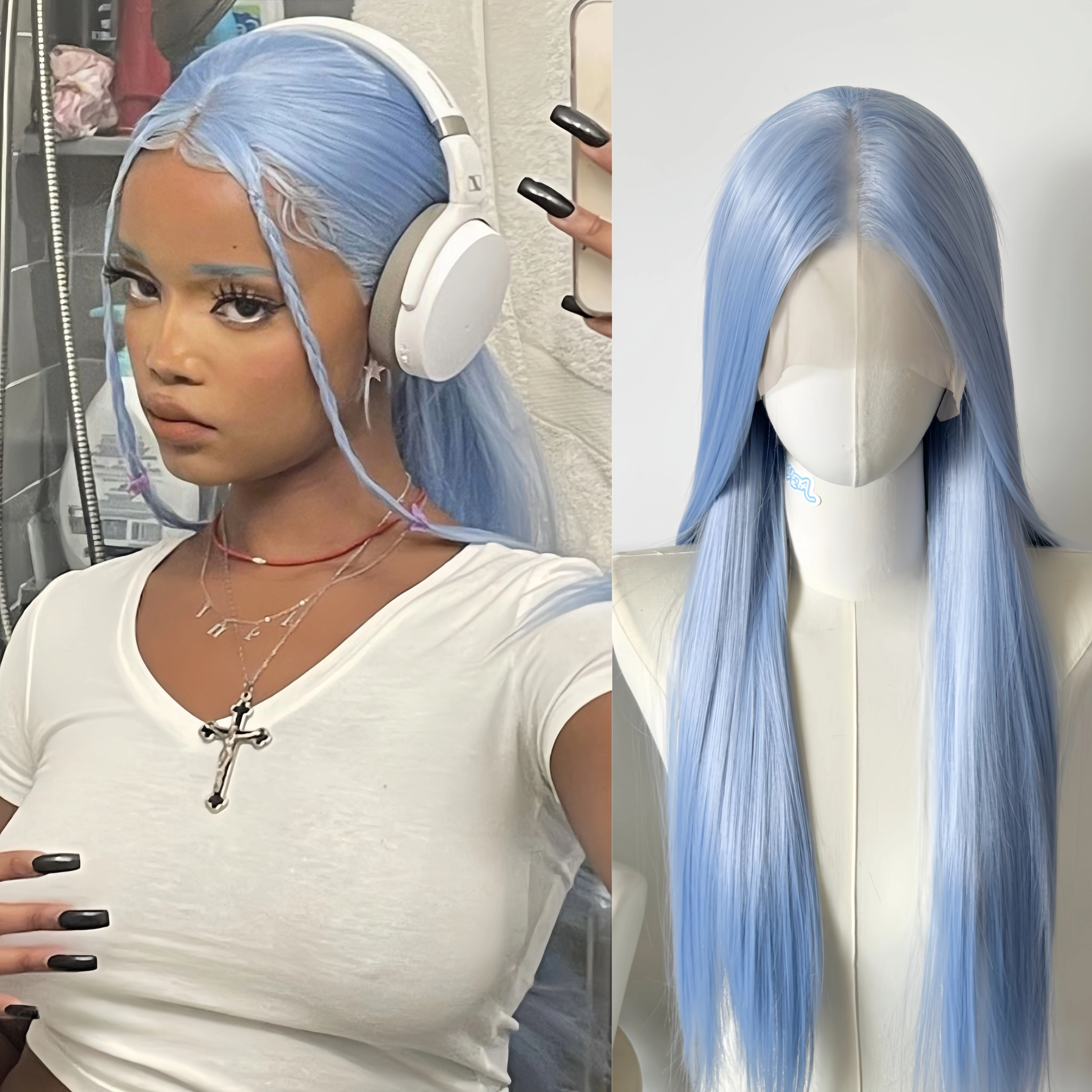 Perruque Lace Front Wig synthétique bleu bébé 26 pouces, perruque longue et lisse, 13x4 HD, partie c