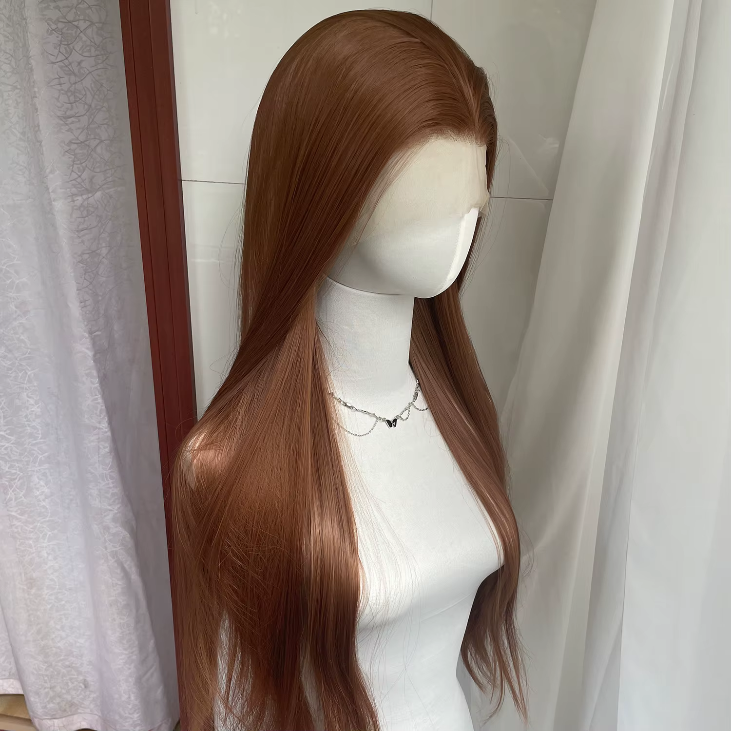 Perruque Lace Front Wig synthétique lisse et longue, brun miel, 13x4, 26 pouces, sans colle, nouée à