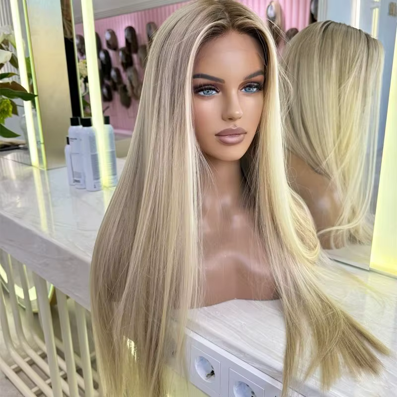 Perruque synthétique longue et droite, ombrée blond cendré avec mèches, pour fête, usage quotidien o