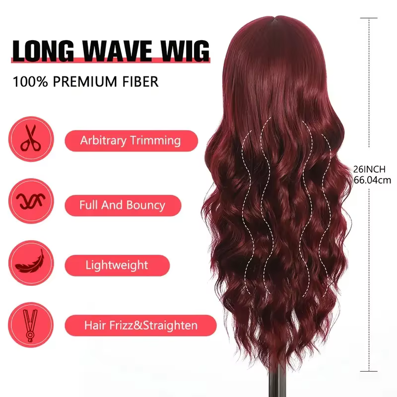 Perruque synthétique couleur vin rouge avec cheveux longs bouclés et frange pour un usage quotidien