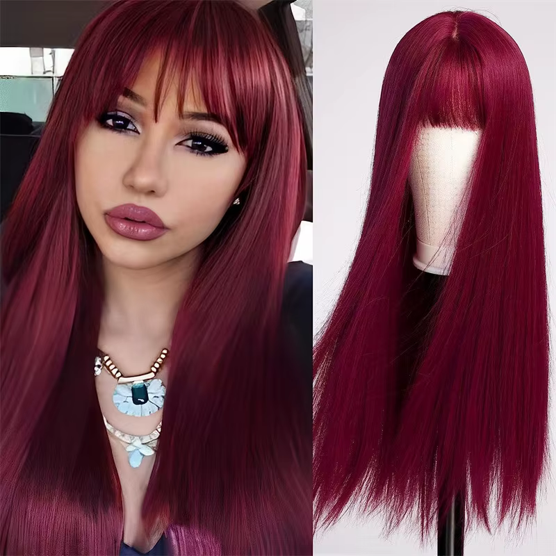Perruque synthétique rouge bordeaux la plus vendue pour cheveux longs et raides, idéale pour le cosp