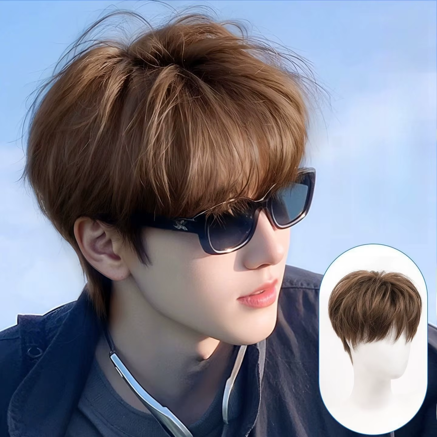 Perruque synthétique complète marron clair pour homme - Bonnet intégral, style coréen, frange légère
