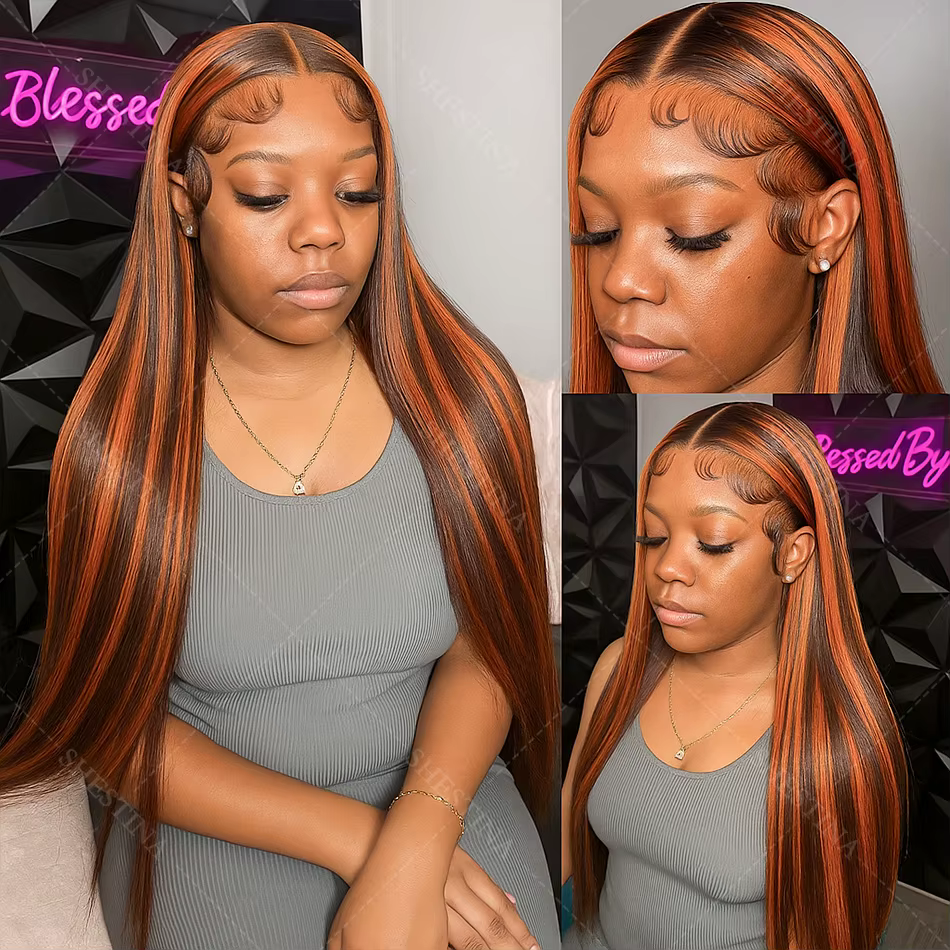 Perruque Lace Frontal Wig naturelle lisse à reflets brun gingembre, 5x5, sans colle, pre-coupée, omb