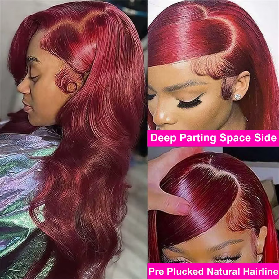 Perruque Lace Front Wig Body Wave Brésilienne Naturelle, Cheveux Humains, Bordeaux 99J, 13x6 HD, 13x