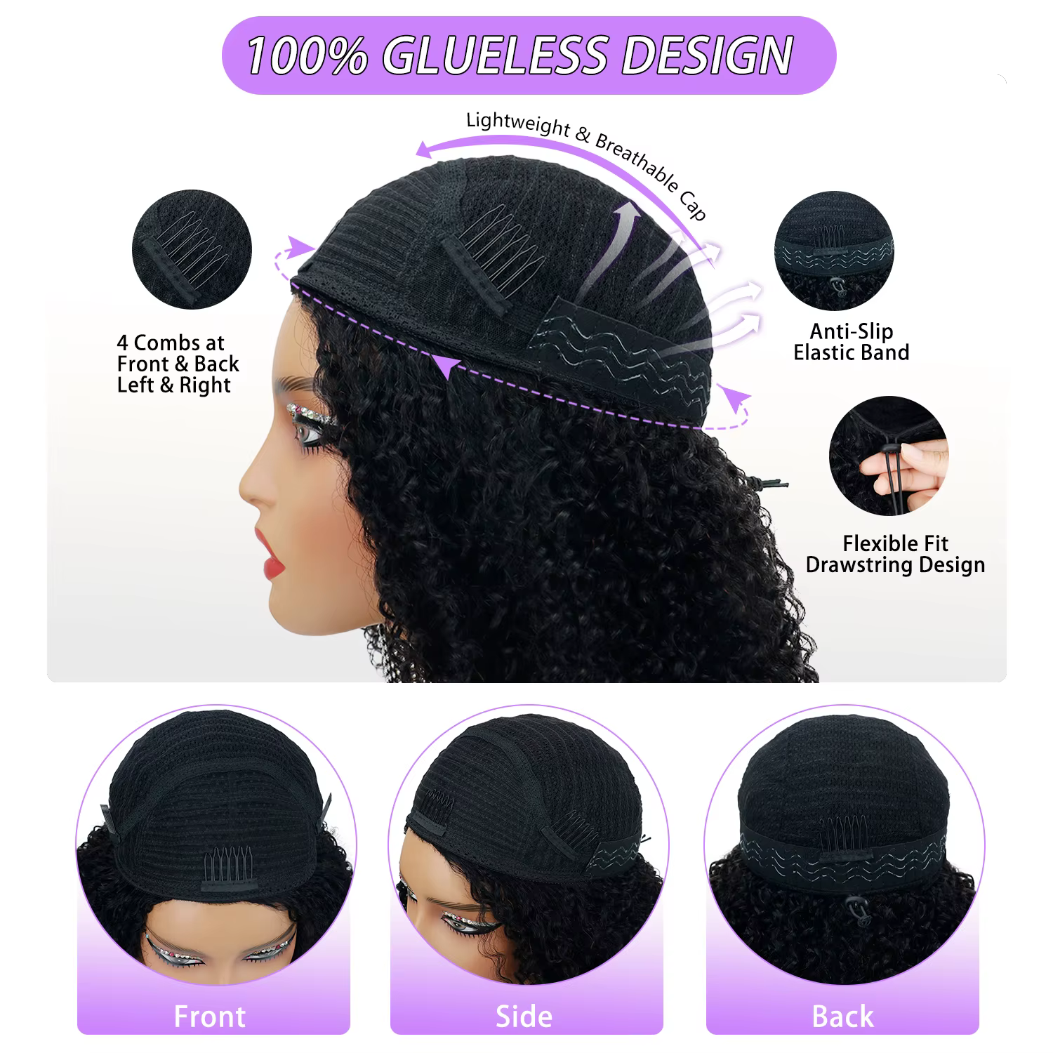 Demi-perruques en cheveux humains sans colle, densité 220 %, avec cordon de serrage réglable, clips