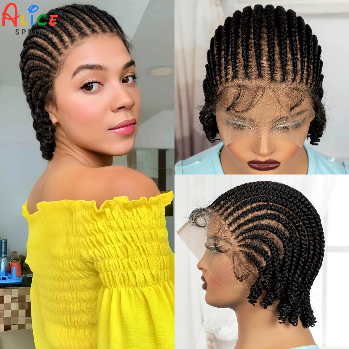 Perruques Bob tressées courtes Cornrow, perruque synthétique pleine dentelle tressée avec cheveux de