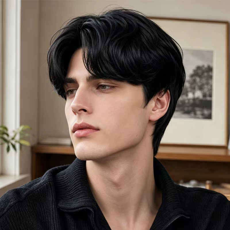 Perruque pour homme noire de 8 pouces en matière synthétique, cheveux courts superposés naturels, cr