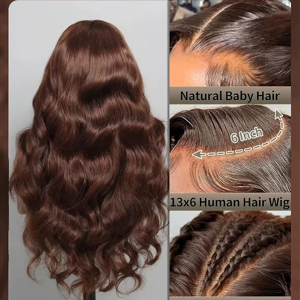 Perruque Lace Front Wig Body Wave marron chocolat, perruque Lace Frontal Wig transparente 13x4 13x6