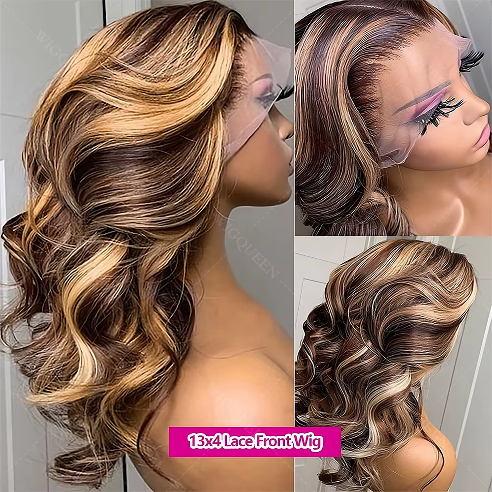 200% mise à niveau 4/27 Balayage Blonde mettre en évidence 13x6 dentelle avant perruque vague de cor