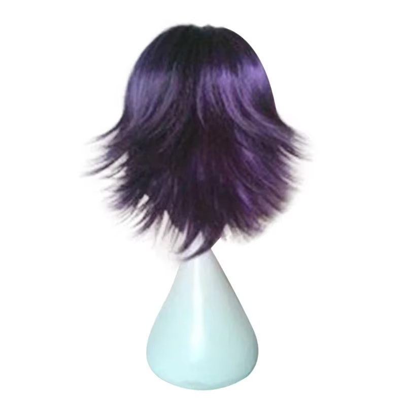 Perruque de Cosplay synthétique courte bouclée violette noire, perruque de Cosplay Anime en Fiber de