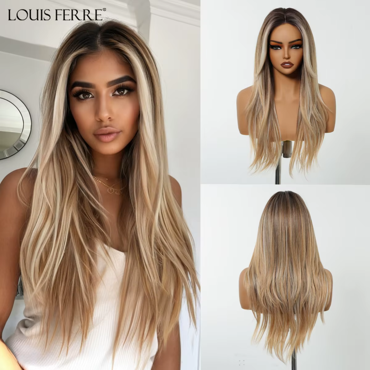 Perruque Lace Front Wig synthétique lisse et longue, perruque avec raie centrale naturelle, brune et