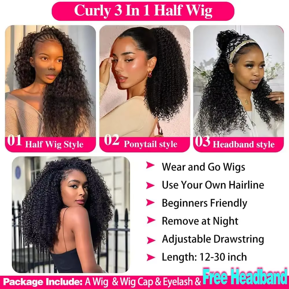 Perruque sans colle 250% en cheveux humains, afro bouclés crépus, avec bandeau, mise à niveau 3 en 1