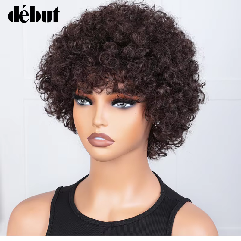 Perruque courte Pixie Afro crépue bouclée perruque Bob brune naturelle avec frange perruques de chev
