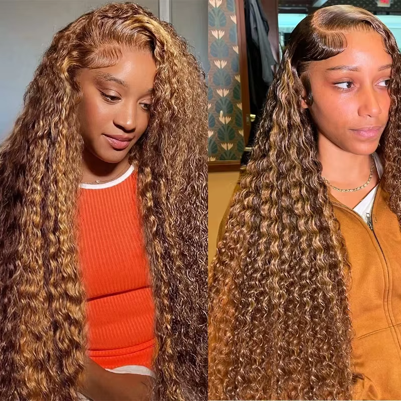 Perruque bouclée en cheveux humains blond miel, 13x4 Lace Front, Deep Wave, pré-épilée, avec dentell