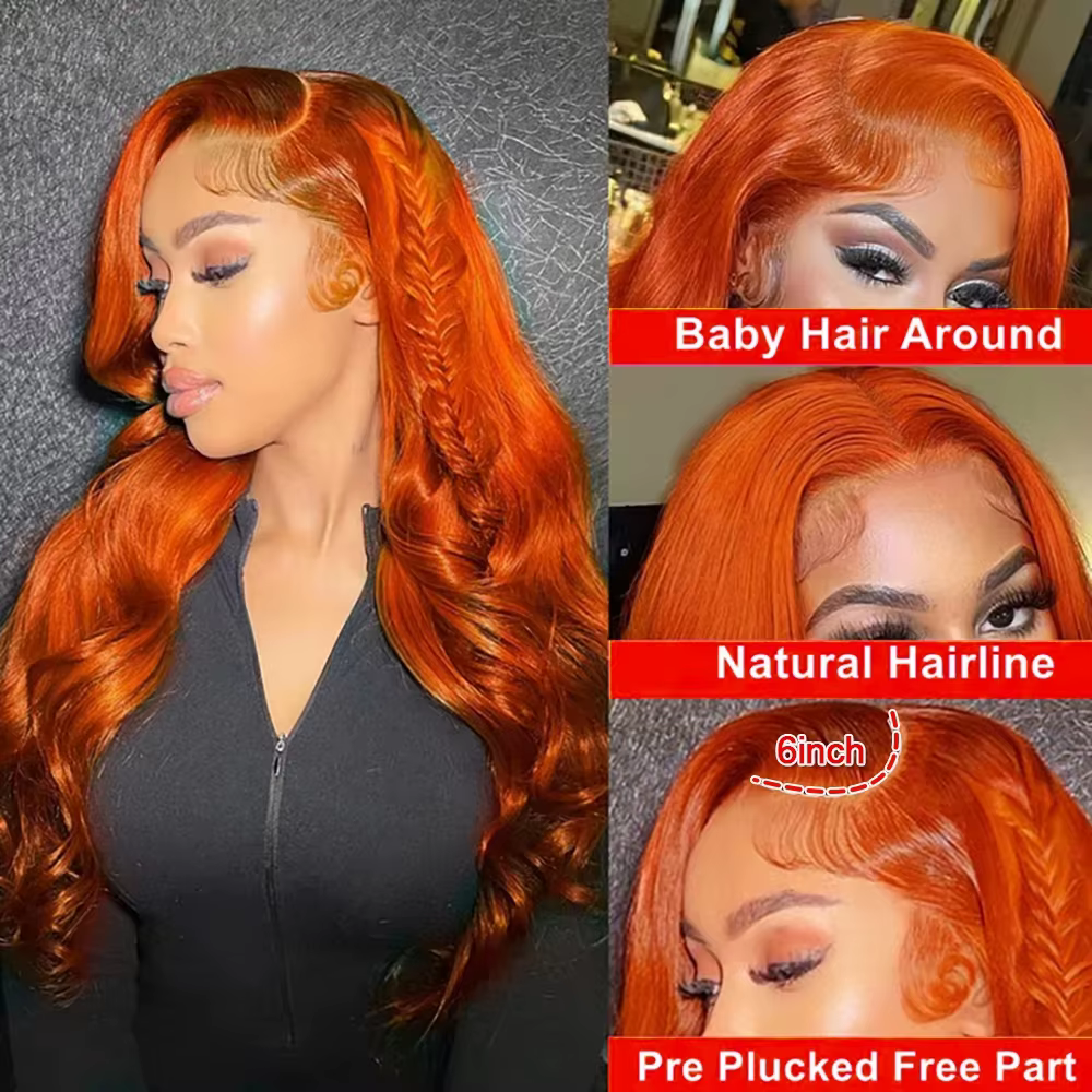 36 pouces gingembre Orange dentelle avant perruques cheveux humains pré plumé 200% densité vague de