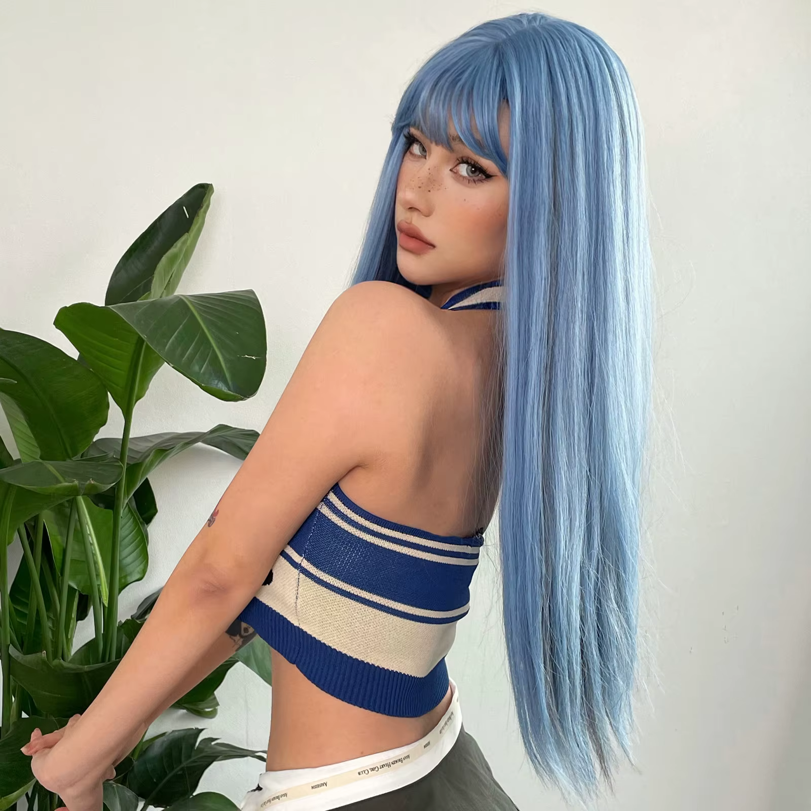Perruques Synthétiques sulfDroites Bleues avec Reflets Gris avec Frange, Cheveux de Cosplay pour Fem
