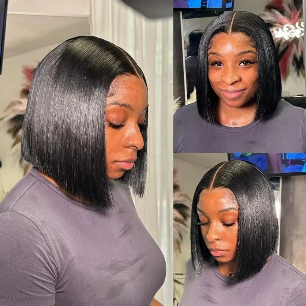 Perruque Bob Lace Frontal Wig naturelle, cheveux courts, lisses, 13x4, 100% cheveux humains, pre-plu
