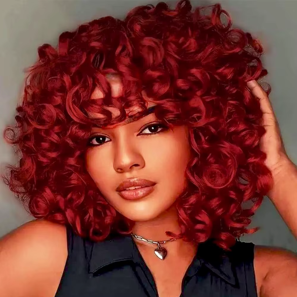 Perruque courte bouclée rouge ample pour femmes noires, perruque Afro bouclée avec frange en Fiber s