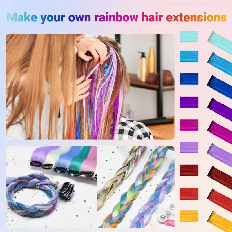 Extensions capillaires synthétiques à clips multicolores, postiches arc-en-ciel de 22 pouces pour fi