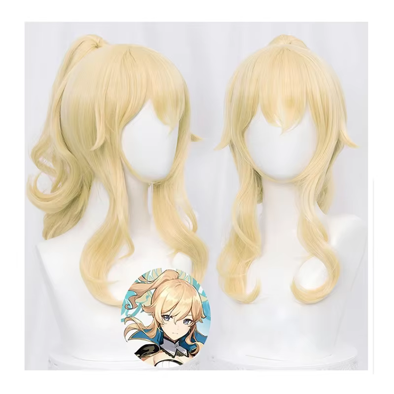 Perruque de Cosplay Anime Jean Genshin Impact, queue de cheval bouclée blonde, cheveux synthétiques 