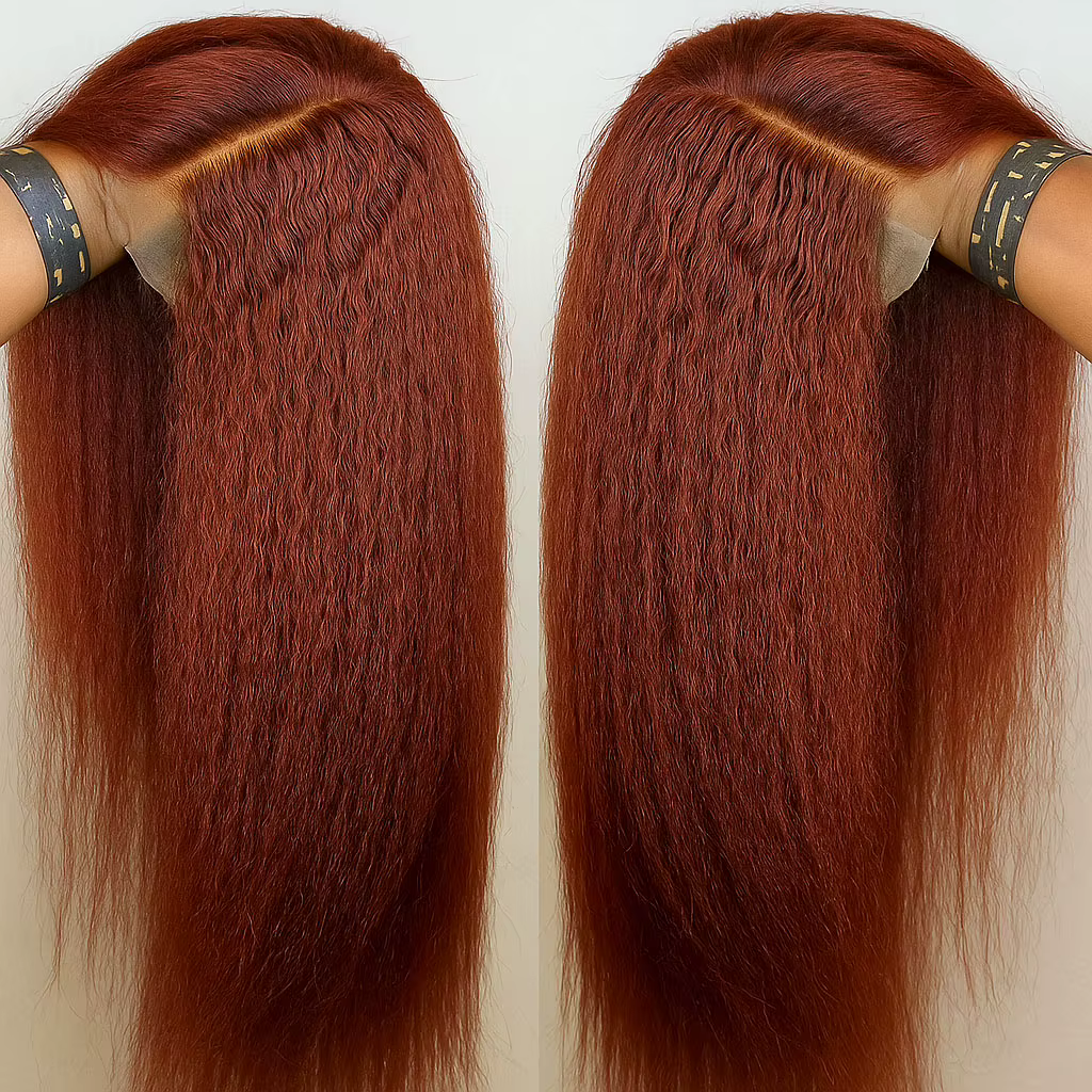 13X4 brun rougeâtre crépus droite dentelle frontale perruque cheveux humains Auburn cuivre Yaki droi
