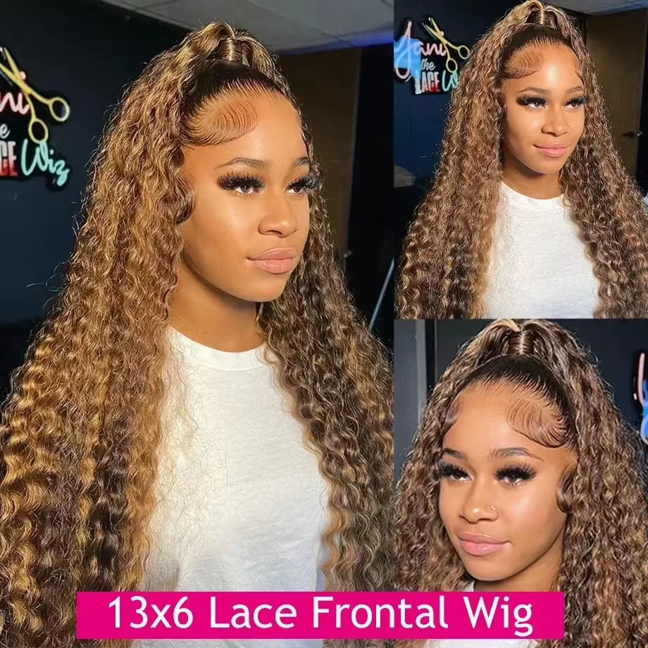 Perruque Lace Frontal Wig naturelle bouclée, cheveux humains, à reflets, 13x6, 13x4, 13x4, Lace Fron