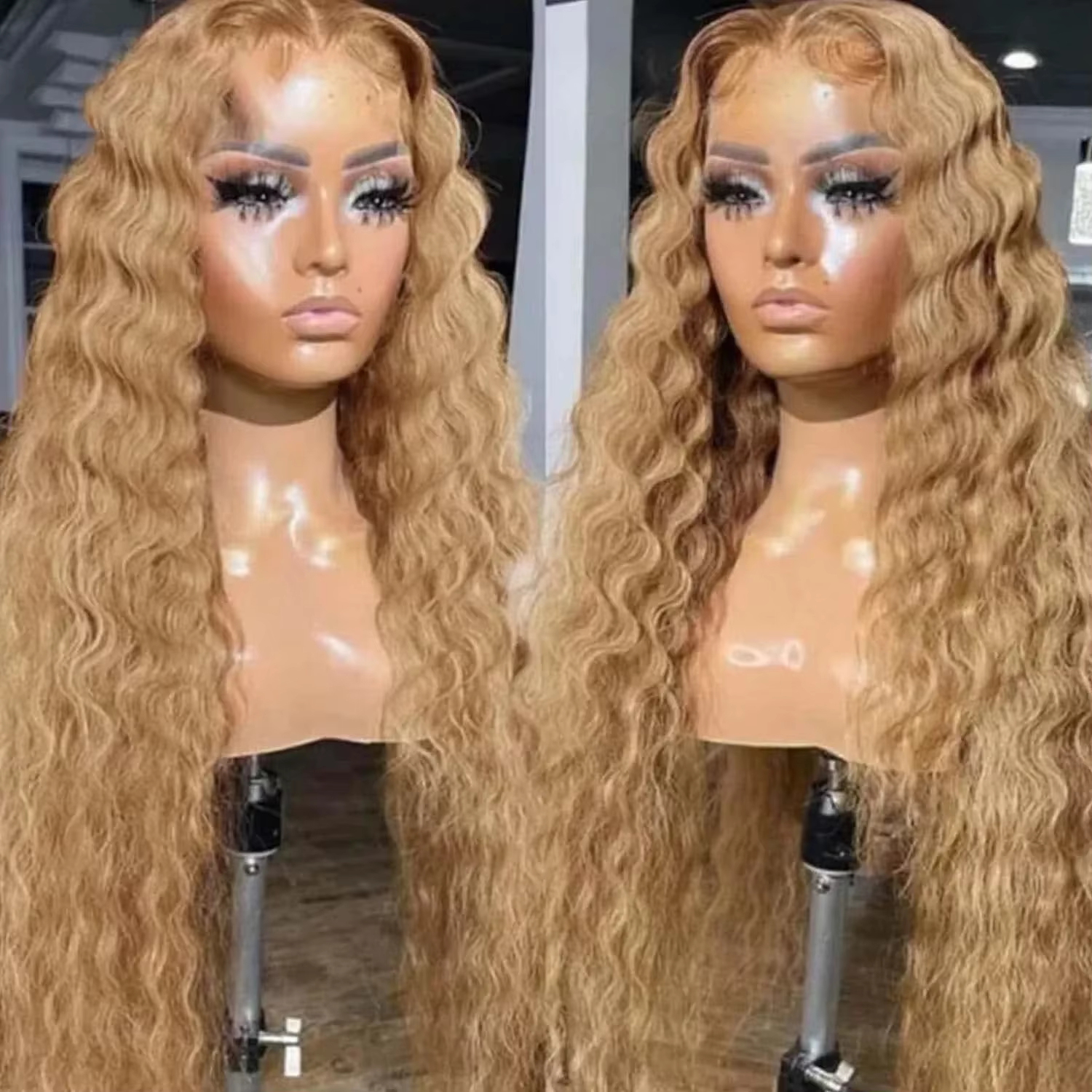 # 27 couleur lâche vague profonde dentelle avant perruques cheveux humains miel blond 13x6 HD Transp