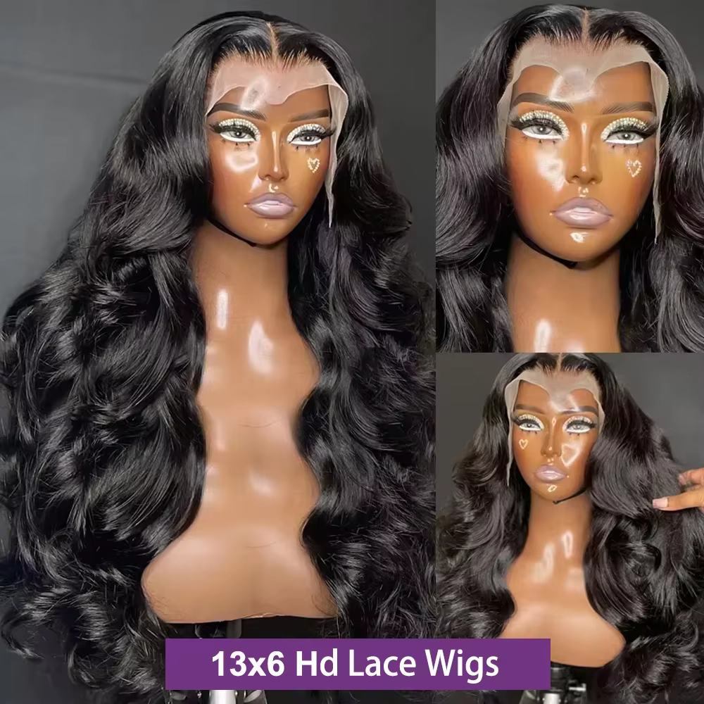 40 42 pouces Real vague corps brut perruques cheveux humains HD dentelle avant perruque noir pré plu