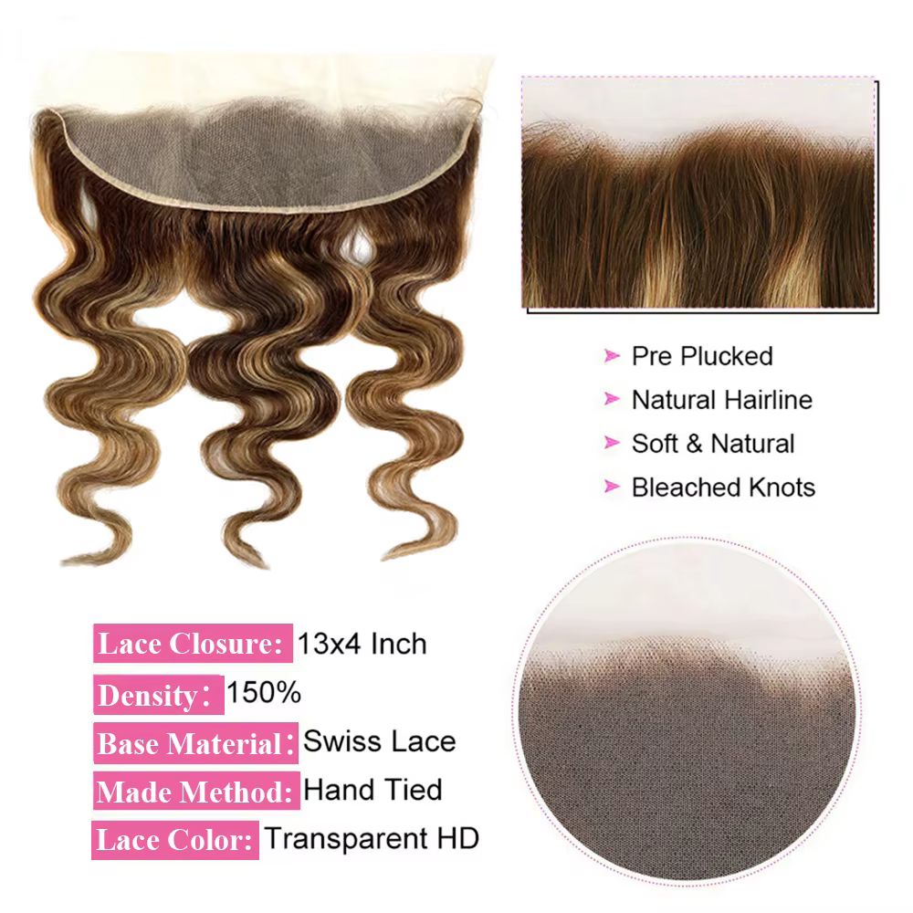 Faisceaux à reflets avec fermeture frontale brésilienne vague de corps Ombre Blonde cheveux humains