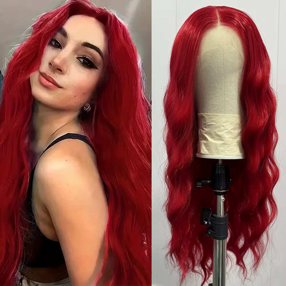 Perruque rouge bouclée et ample, perruque Lace Front Wig synthétique longue ondulée naturelle pour f