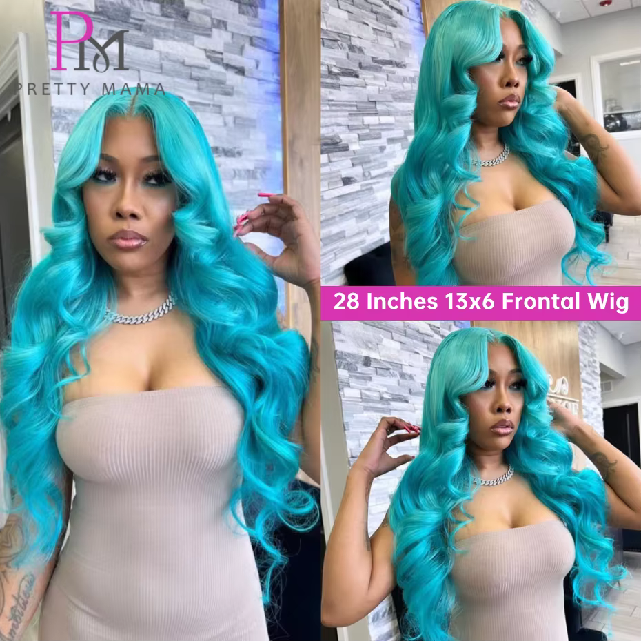 13x6 Cyan bleu dentelle avant perruque vague de corps vert clair dentelle avant perruque cheveux hum