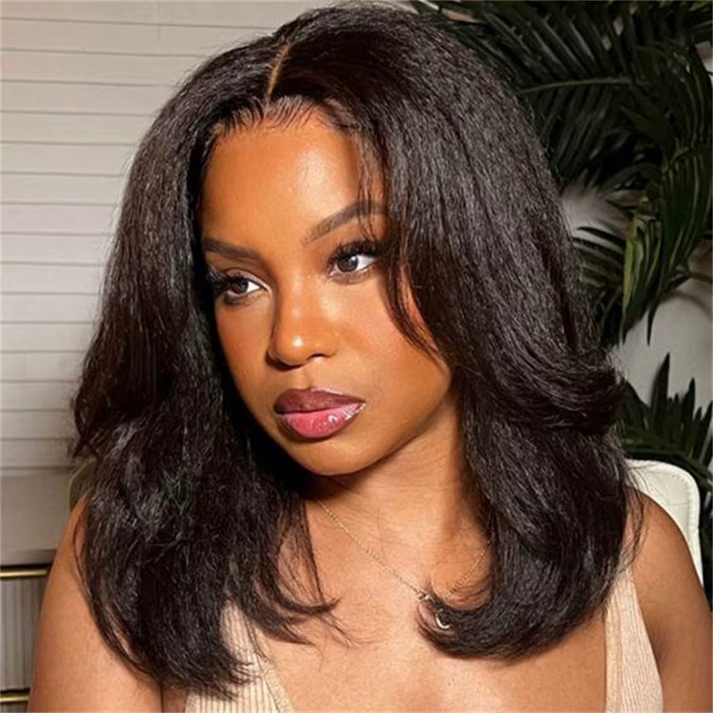Perruque Bob Lace Front Wig Yaki Synthétique Sans Colle, Postiche Court, Noir, Doux, Crépu, Droit, P