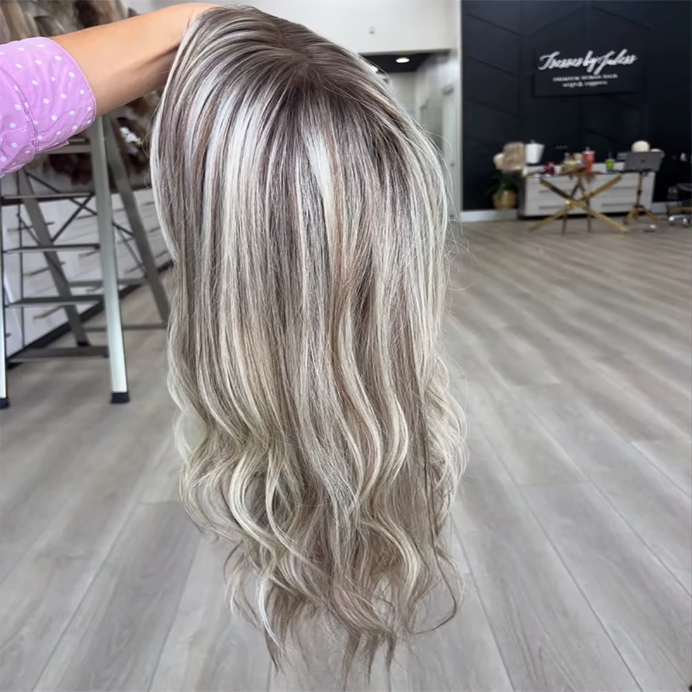 100 vrais cheveux humains blond cendré perruque racines foncées vague de corps mettre en évidence pe